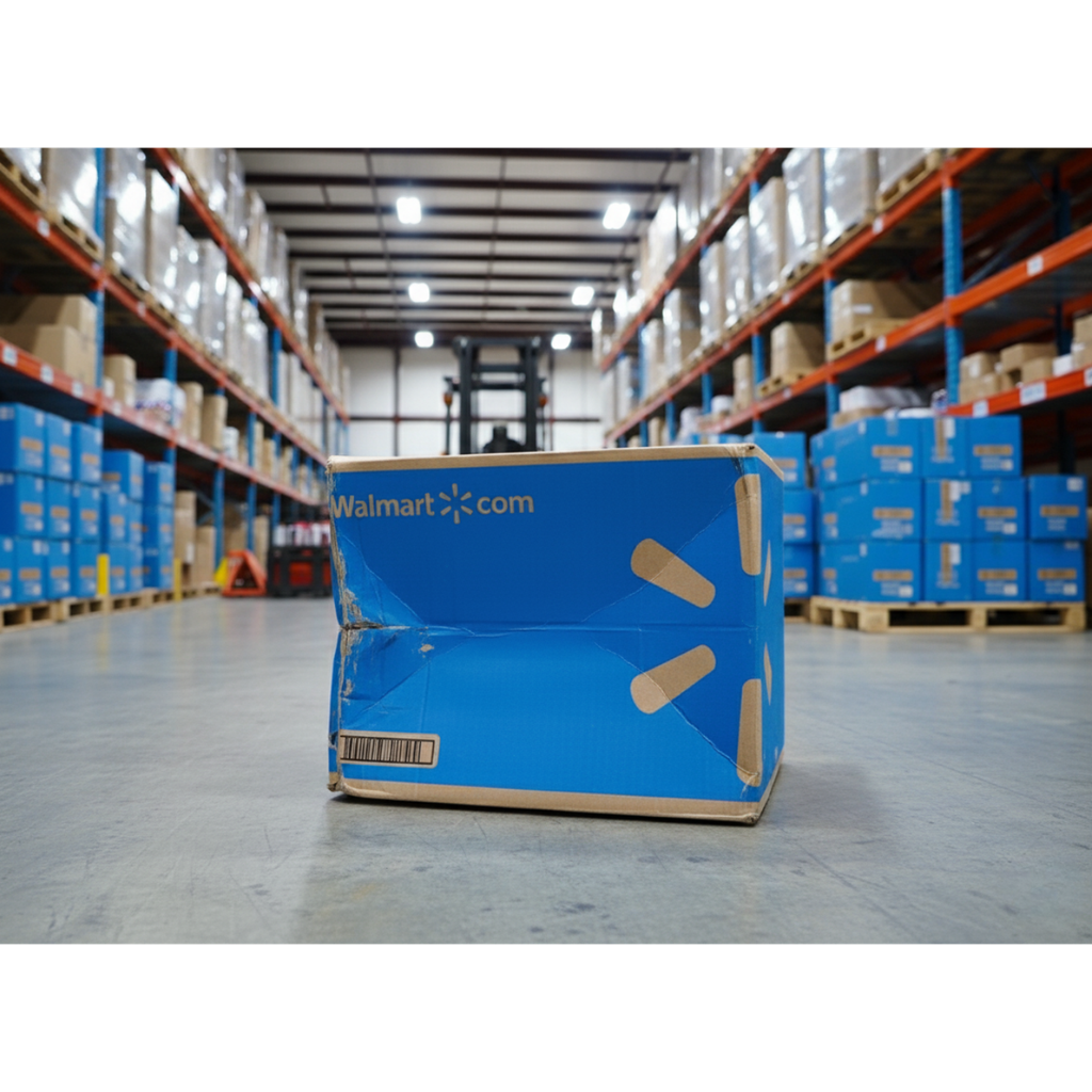 A blue Walmart.com cardboard box with tape sitting on a warehouse floor, surrounded by tall shelves of inventory and a forklift in the blurred background.