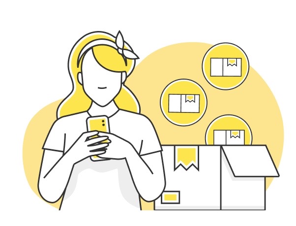 A line-art illustration of a woman using a smartphone next to an open cardboard shipping box, with circular icons representing product listings on a yellow background.