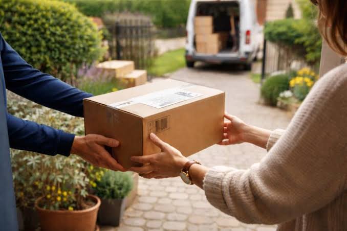 A delivery driver in a blue uniform handing a cardboard box to a customer outside a home, with a white delivery van parked in the background.