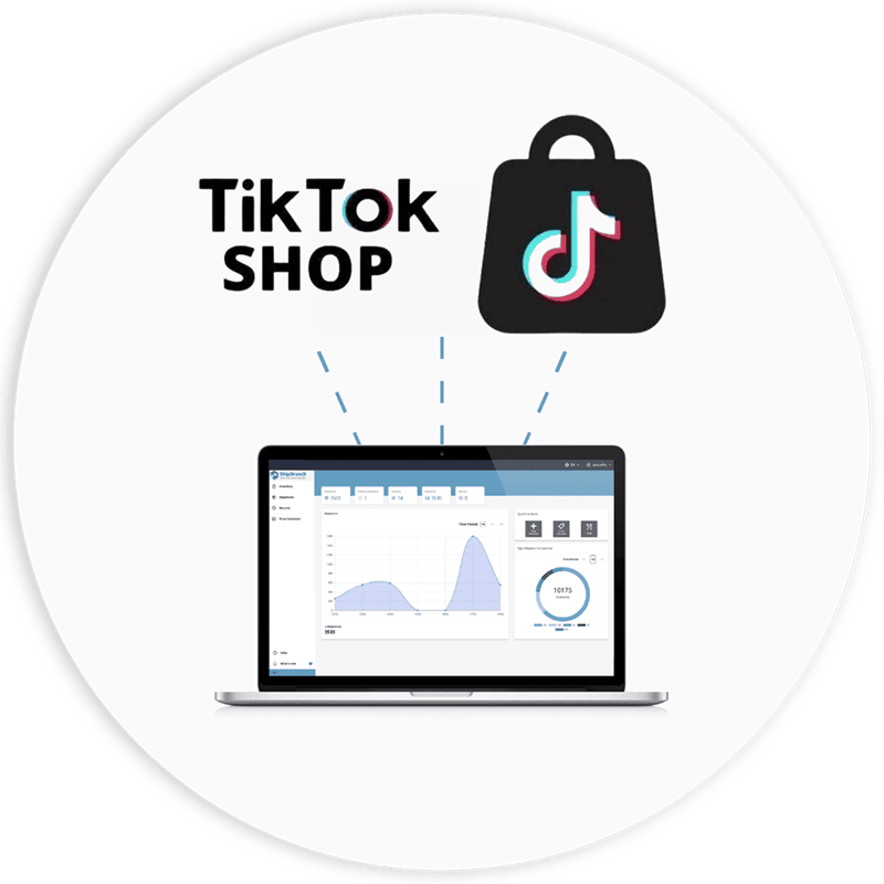 An illustration of the TikTok Shop logo and a shopping bag icon connected by dashed lines to a laptop displaying an analytics dashboard.